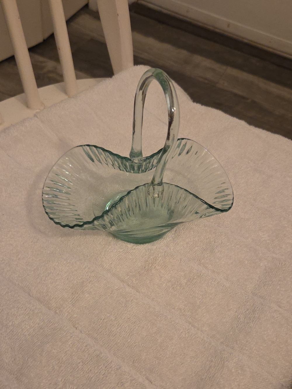 Ribbed Fenton Light Green Glass Handled Basket